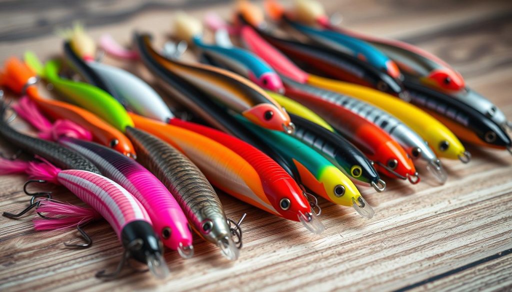 A vibrant array of fishing lures in various colors and patterns, showcased on a wooden surface with a soft, diffused lighting. The lures, known as "voblerov" in Russian, are meticulously crafted by the 7fishing.com.ua brand, each with its own unique color scheme and design to attract different species of fish. The image captures the diverse palette of these lures, from bold, contrasting hues to subtle, natural tones, creating a visually captivating display that highlights the attention to detail and craftsmanship of the brand.
