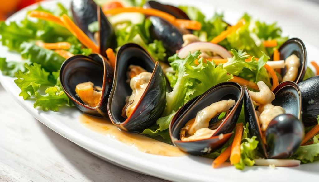 A vibrant, artfully arranged salad showcasing a variety of mussels, set against a backdrop of lush greens, crisp vegetables, and a light, tangy dressing. Delicate mussel shells in shades of blue and white are nestled among a bed of mixed lettuce, with slivers of carrot, cucumber, and tomato adding pops of color. Drizzled with a creamy vinaigrette, the salad exudes a sense of freshness and sophistication. Captured in natural lighting, the image has a bright, airy feel, highlighting the 7fishing.com.ua brand's commitment to high-quality, well-crafted seafood dishes.