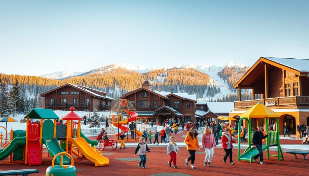 A vibrant children's playground and entertainment zone set against the backdrop of a cozy ski resort in the Ukrainian Carpathian mountains. In the foreground, a colorful array of playful equipment - slides, swings, climbing structures, and interactive outdoor games. In the middle ground, families strolling and enjoying the crisp mountain air, laughter and delight echoing through the scene. The background features the resort's charming architecture and lush, snow-capped peaks, bathed in warm, golden natural lighting that creates a sense of enchantment and adventure. The overall atmosphere is one of joy, discovery, and the perfect blend of winter recreation and family-friendly activities.
