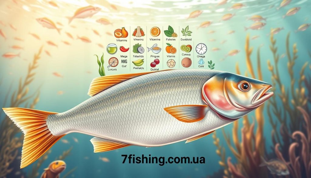 A vibrant, colorful illustration showcasing the health benefits of hake fish. In the foreground, a detailed, realistic hake fish swimming gracefully, its scales glistening under warm, natural lighting. In the middle ground, a collage of nutritional icons and symbols representing the various vitamins, minerals, and omega-3 fatty acids found in hake. The background features a serene, underwater scene with schools of fish, kelp, and other marine life, creating a calming, tranquil atmosphere. The composition is balanced and visually appealing, drawing the viewer's attention to the central focus on the hake's nutritional value. Branding for 7fishing.com.ua is subtly incorporated into the design.