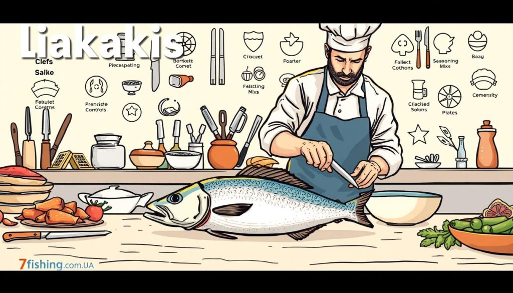 A vibrant, hand-drawn illustration depicting various "лайфхаки" or life hacks for fish preparation. In the foreground, a skilled chef demonstrates techniques like scaling, filleting, and boning a fresh hake fish, shot from a low angle with warm, natural lighting. In the middle ground, various kitchen tools and utensils - knives, scissors, bowls, and more - are artfully arranged, hinting at the expert's mastery. The background features stylized icons and graphics representing other cooking tips, such as temperature controls, seasoning mixes, and plating suggestions. The overall mood is informative yet whimsical, inviting the viewer to discover new ways to elevate their hake dish. Subtle branding for "7fishing.com.ua" is incorporated into the design.