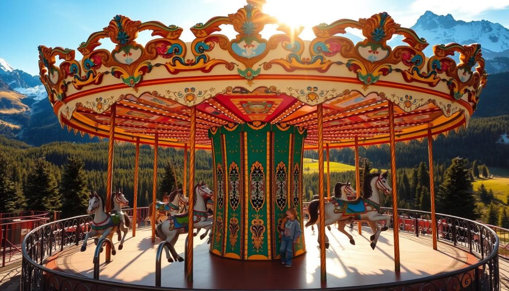 A vibrant mountain carousel set against the backdrop of the majestic Caucasus Mountains. The carousel's colorful horses and ornate fixtures are illuminated by warm, golden sunlight filtering through the crisp, alpine air. In the middle ground, lush, verdant forests and rolling meadows stretch out to meet the towering, snow-capped peaks that rise up on the horizon. The carousel's circular motion creates a sense of joyful momentum, inviting visitors to partake in this unique, high-altitude leisure activity amidst the breathtaking natural splendor of Rosa Khutor.
