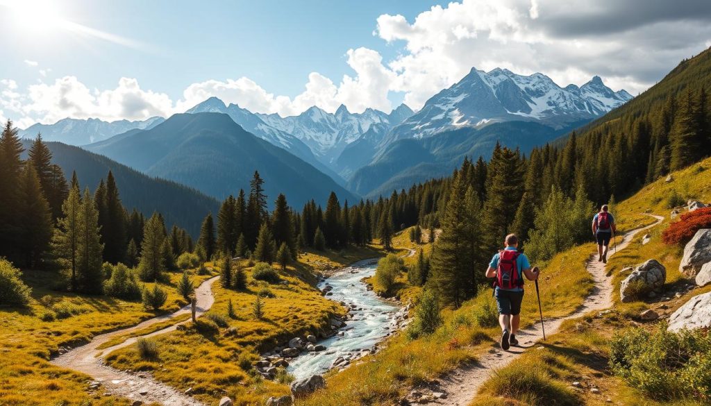 A vibrant, mountainous landscape in the Carpathian region, showcasing the beauty of active recreation. In the foreground, hikers traverse a winding trail, backpacks and trekking poles in hand, as they take in the majestic peaks and lush, verdant foliage surrounding them. In the middle ground, a sparkling stream cuts through the terrain, its crystal-clear waters reflecting the warm, golden light of the afternoon sun. In the distance, rugged, snow-capped mountains rise, their imposing silhouettes framed by a dramatic, cloud-streaked sky. The scene conveys a sense of adventure, serenity, and the boundless energy of the great outdoors.