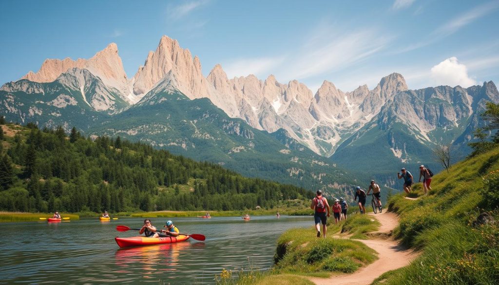 A vibrant outdoor scene in the Crimean peninsula, capturing the essence of active recreation. Rugged mountains rise in the background, their peaks bathed in warm sunlight. In the foreground, a group of adventurous individuals engage in various activities - some kayaking on a serene lake, others hiking along a winding trail, and a few mountain biking through lush, verdant terrain. The scene conveys a sense of exhilaration and freedom, with the Crimean landscape providing the perfect backdrop for an active and thrilling vacation. Crisp, high-resolution details, with a cinematic, wide-angle lens capturing the grandeur of the environment.