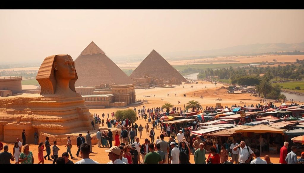 A vibrant scene of ancient Egyptian wonders unfolds before the viewer's eyes. In the foreground, a group of eager tourists explore the iconic Sphinx, its enigmatic gaze captivating their attention. Surrounding them, the majestic Pyramids of Giza stand tall, their towering silhouettes casting long shadows across the golden sand. The middle ground is filled with colorful local markets, where vendors peddle their wares amidst the lively hum of bargaining and chatter. In the distance, the Nile River winds its way through the lush, verdant landscape, complementing the warm, hazy atmosphere. Soft, natural lighting bathes the entire scene, evoking a sense of timeless wonder and cultural immersion. The overall impression is one of a thriving, dynamic destination that invites visitors to immerse themselves in the rich history and vibrant traditions of Egypt.