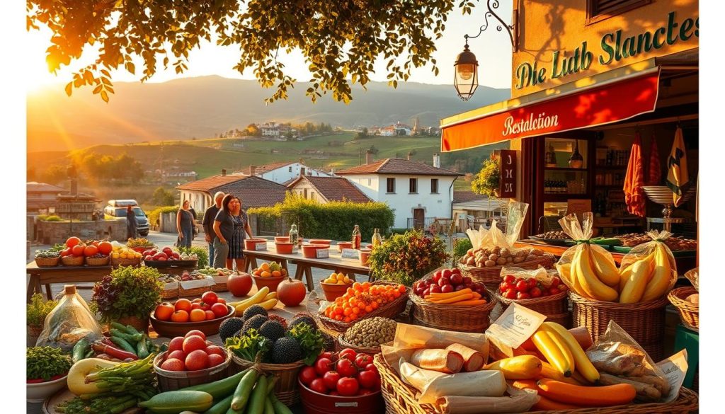 A vibrant scene of local culinary delights, showcasing the gastronomic heritage of a region. In the foreground, a lively outdoor market brimming with an array of fresh produce, meats, and artisanal goods. The middle ground features a family-owned restaurant, its windows adorned with traditional decor and the aroma of sizzling dishes wafting out. In the background, rolling hills and quaint buildings create a picturesque countryside setting, bathed in warm, golden light from the setting sun. The overall atmosphere exudes a sense of authenticity, inviting the viewer to immerse themselves in the local food culture and traditions.