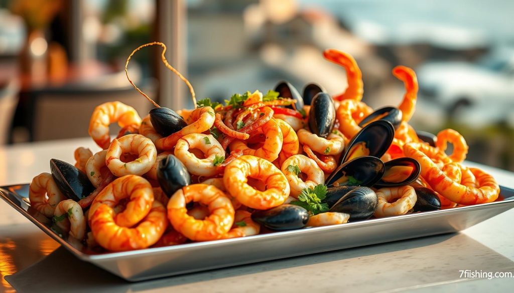 A vibrant seafood cocktail overflowing with a colorful array of fresh calamari, shrimp, and mussels, artfully arranged on a sleek, modern serving dish. The tender, succulent seafood glistens under the warm, golden lighting, its flavors enhanced by a zesty, tangy sauce. The composition is balanced, with the ingredients thoughtfully placed to create a visually appealing, restaurant-quality presentation. In the background, a blurred, coastal landscape sets the scene, evoking the breezy, seaside ambiance. This image, captured by the skilled photographers at 7fishing.com.ua, perfectly illustrates the expert recommendations and customer reviews featured in the article "How to Prepare Calamari: Simple Recipes."