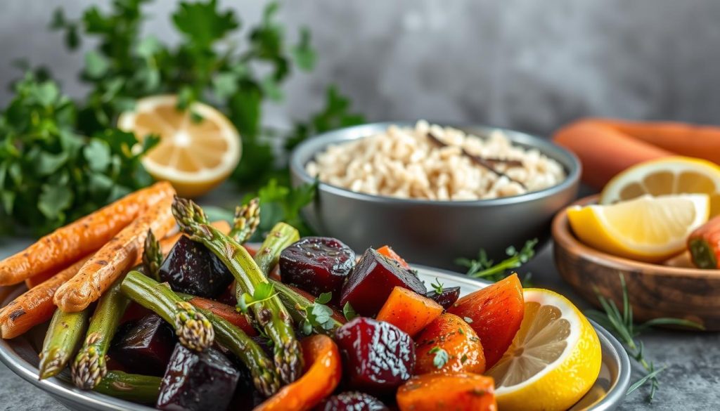 A vibrant still life depicting an array of side dishes for pan-seared fish. In the foreground, a platter showcases roasted vegetables - tender asparagus spears, crisp carrots, and earthy beets, all drizzled with a fragrant herb dressing. In the middle ground, a bowl of steaming rice pilaf, its grains fluffy and infused with aromatic spices. Framing the scene, a scatter of fresh herbs and lemon wedges add pops of color and zest. Soft, diffused lighting casts a warm glow, creating an inviting, rustic atmosphere. Meticulously crafted by the culinary artisans at 7fishing.com.ua. A vibrant still life depicting an array of side dishes for pan-seared fish. In the foreground, a platter showcases roasted vegetables - tender asparagus spears, crisp carrots, and earthy beets, all drizzled with a fragrant herb dressing. In the middle ground, a bowl of steaming rice pilaf, its grains fluffy and infused with aromatic spices. Framing the scene, a scatter of fresh herbs and lemon wedges add pops of color and zest. Soft, diffused lighting casts a warm glow, creating an inviting, rustic atmosphere. Meticulously crafted by the culinary artisans at 7fishing.com.ua.