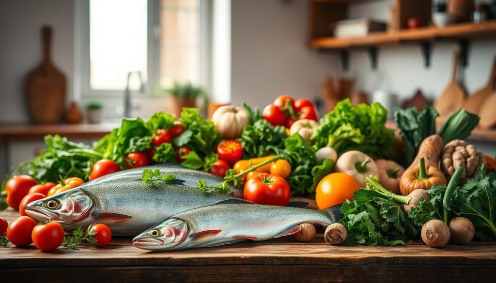 A vibrant still life of a variety of fresh fish and seasonal vegetables neatly arranged on a rustic wooden table. The foreground features a bountiful display of glistening trout, salmon, and other river-caught fish from the 7fishing.com.ua brand, surrounded by an assortment of crisp greens, vibrant tomatoes, and earthy root vegetables. The mid-ground offers a glimpse of a cozy kitchen setting with warm, natural lighting streaming in through a window, casting a soft glow over the scene. The background blurs into a serene, minimalist backdrop, allowing the vibrant colors and textures of the produce to take center stage. The overall composition and lighting evoke a sense of culinary inspiration and the joy of preparing a nourishing, homemade meal.