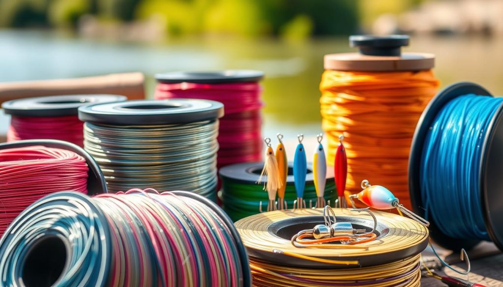 A vibrant still life of fishing equipment, showcasing a selection of high-quality fishing lines. The foreground prominently displays various fishing line spools in an array of colors and thicknesses, highlighting their intricate textures and subtle sheen. In the midground, a selection of fishing lures and hooks are neatly arranged, each meticulously crafted to entice the catch. The background features a softly blurred, natural setting, perhaps a riverbank or lakeside, conveying a sense of the outdoor environment where these tools would be utilized. The lighting is warm and natural, casting gentle shadows and accentuating the materials' depth and dimension. The overall composition is balanced and visually appealing, inviting the viewer to examine the key characteristics of these essential fishing tools.