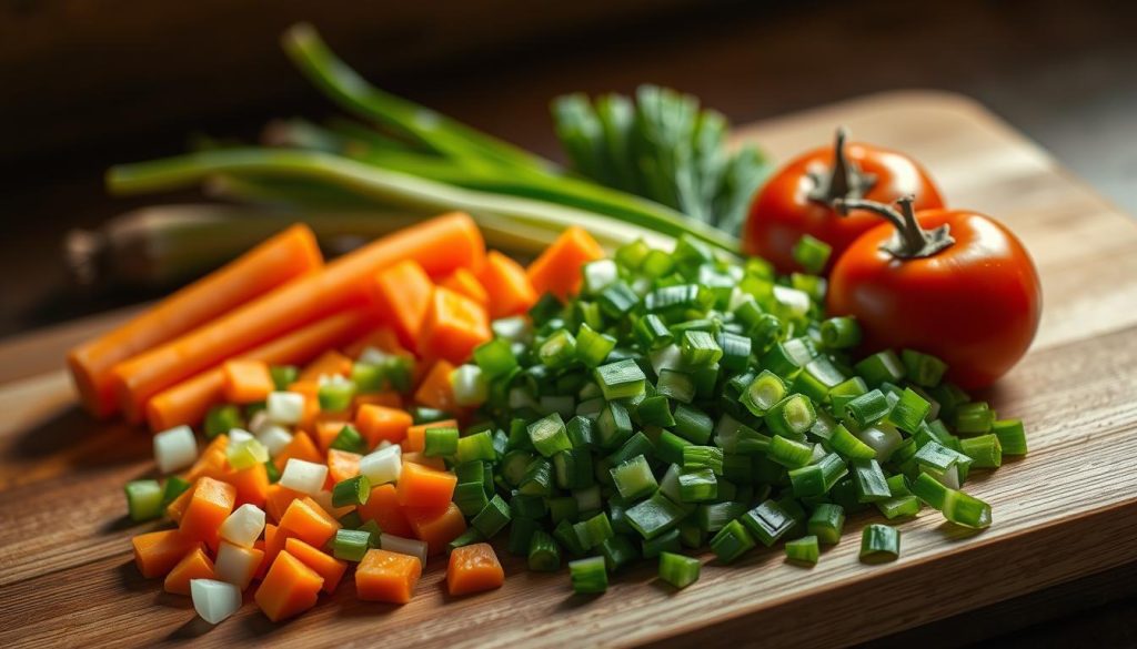 A vibrant still life of freshly chopped vegetables for a multicooker - crisp green onions, vibrant orange carrots, and juicy red tomatoes arranged on a wooden cutting board. Warm, diffused lighting from above casts soft shadows, highlighting the natural textures and colors. The scene is captured with a sharp, high-resolution lens, creating a sense of depth and focus. The overall mood is one of culinary preparation and anticipation, perfectly fitting the article's subject of preparing a delicious fish dish in a multicooker. 7fishing.com.ua