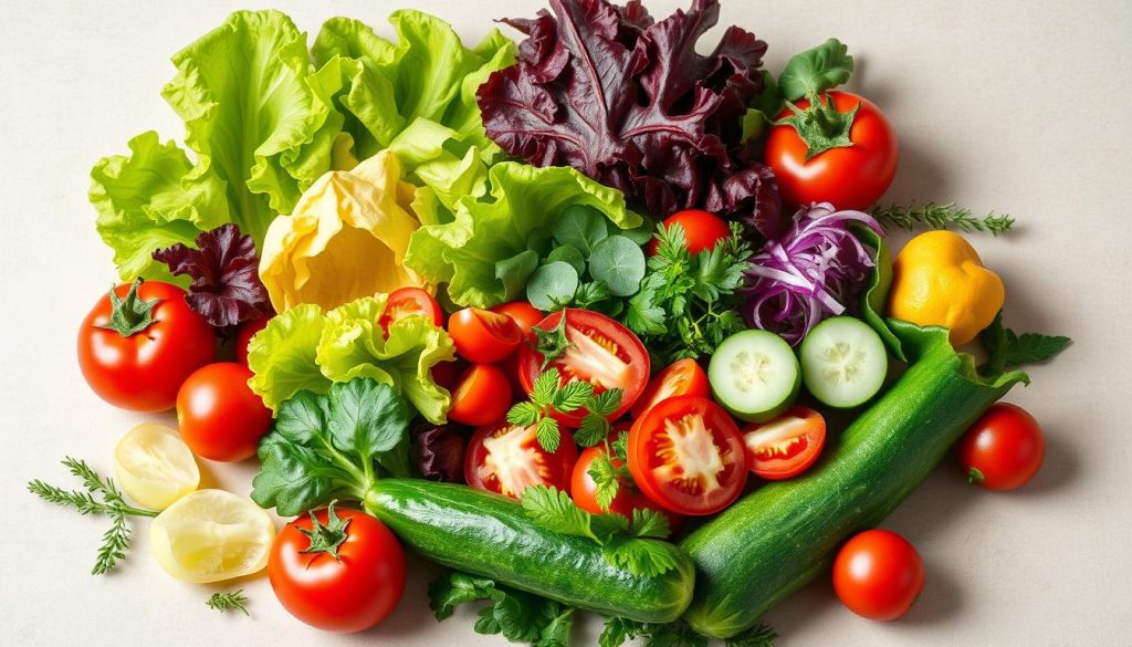 A vibrant still life showcasing the essential role of fresh vegetables and greens in a variety of salads. An array of crisp lettuce, juicy tomatoes, crunchy cucumbers, and aromatic herbs are arranged artfully against a neutral background, capturing the natural beauty and versatility of these ingredients. Soft, natural lighting accentuates the vibrant colors and textures, creating a visually appealing and appetizing scene. The overall composition evokes a sense of freshness, health, and culinary creativity. Branding: 7fishing.com.ua.