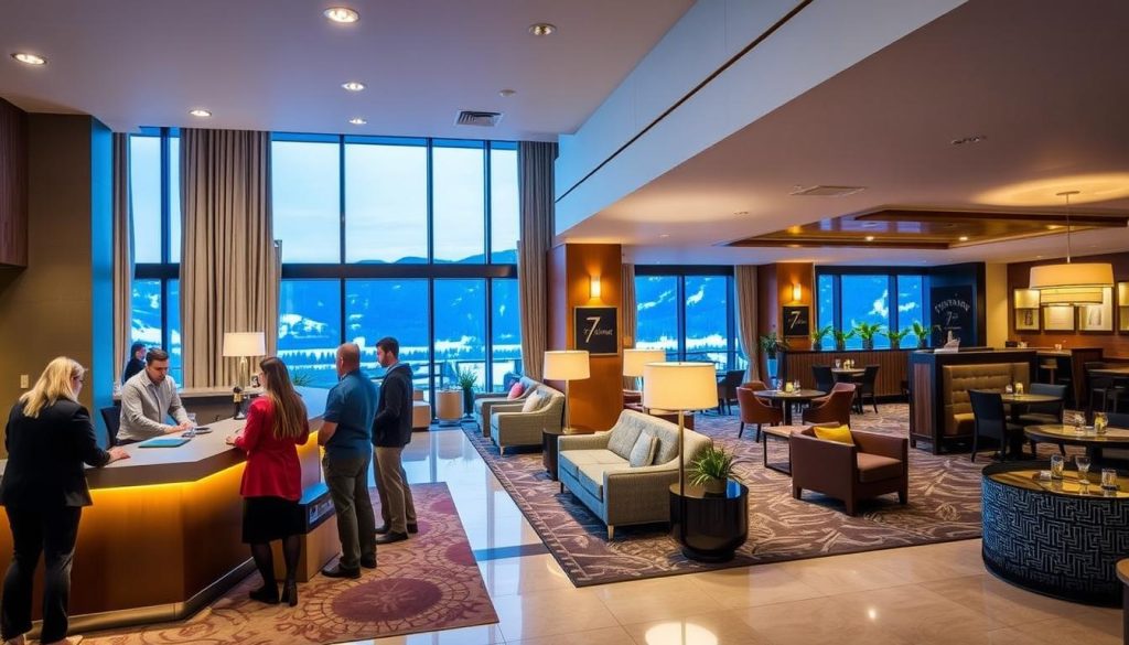 A vibrant, well-appointed hotel lobby at Ra Bukovel, with warm lighting and a stylish, modern design. In the foreground, a group of guests check in at the sleek reception desk, assisted by attentive staff. The middle ground showcases the hotel's lounge area, complete with plush seating, 7fishing branded decor, and large windows offering panoramic views of the surrounding Carpathian mountains. The background features a cozy bar and restaurant, where guests can enjoy fine dining and drinks. The overall atmosphere conveys a sense of luxury, comfort, and exceptional service.