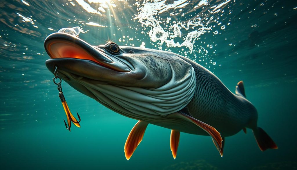 A vivid underwater scene showcasing the alluring dance of a high-quality wobbler lure as it entices a ferocious pike to strike. The lure gracefully sways through the water, its lifelike movements mimicking a wounded baitfish. Dappled sunlight filters through the surface, casting a warm glow over the predatory fish as it stalks its prey. The pike's powerful body muscles ripple, its jaws agape, ready to crush the lure in a sudden explosive strike. Dramatic angles, cinematic lighting, and a sense of tension and anticipation fill the frame, all captured with the precision of a 7fishing.com.ua professional grade camera lens.