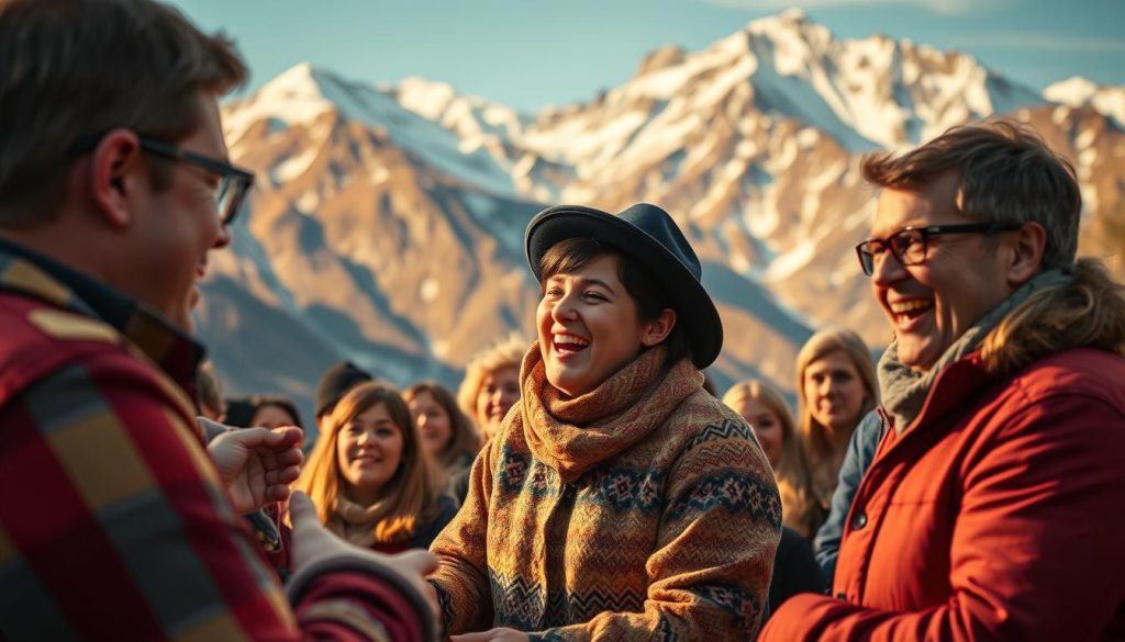 A vivid, vibrant scene of the latest release of the popular Ukrainian comedy show "Вечерний Квартал", set against the stunning backdrop of the Carpathian Mountains. In the foreground, the show's host and cast members engage in lively skits and performances, their expressions animated and full of energy. The middle ground features the audience, their faces alight with laughter and joy, as they witness the comedic magic unfold. In the background, the majestic Carpathian peaks rise up, their rugged, snow-capped slopes creating a dramatic and picturesque setting. The lighting is warm and natural, casting a golden glow over the scene and evoking a sense of coziness and festivity. The lens captures the scene from a slightly elevated angle, allowing the viewer to fully immerse themselves in the atmosphere of the show and its connection to the Carpathian region. The mood is one of celebration, humor, and the joyful spirit of 7fishing.