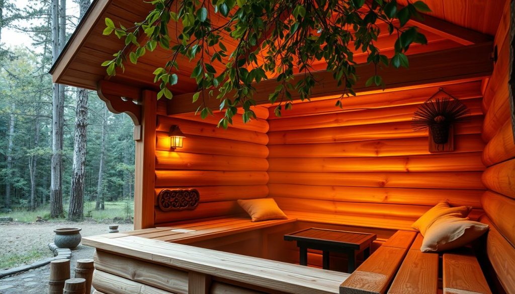A warm and inviting wooden baня (traditional Russian sauna) nestled in a serene countryside setting. The exterior features ornate carved details and a stone chimney, exuding a rustic, time-honored charm. The interior is bathed in a soft, golden glow from the steam-heated stones, creating a cozy and rejuvenating atmosphere. Plush benches line the walls, inviting visitors to relax and unwind. Leafy birch branches hang from the ceiling, adding a natural, earthy touch. The scene is framed by a tranquil forest backdrop, hinting at the peaceful seclusion of this authentic banya experience.
