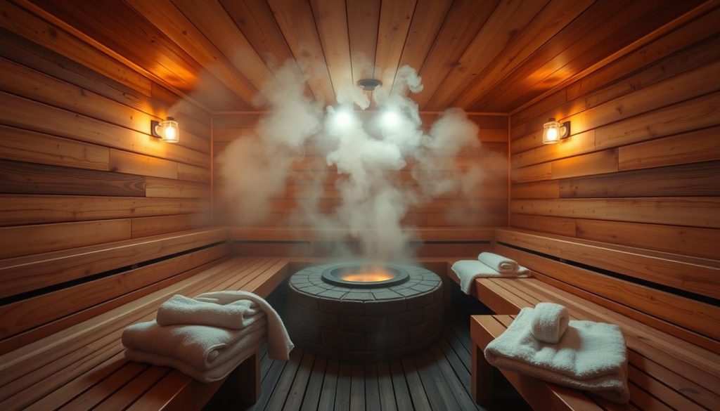 A warm, inviting sauna interior with wooden benches, walls, and ceiling. Soft, ambient lighting casts a cozy glow, creating a tranquil atmosphere. Steam rises from a central stone heater, enveloping the space in a soothing mist. Plush towels and robes are neatly folded, inviting visitors to relax and unwind. The scene conveys a sense of traditional Russian banya culture, where people come to cleanse both body and mind. The overall impression is one of comfort, relaxation, and a retreat from the outside world.