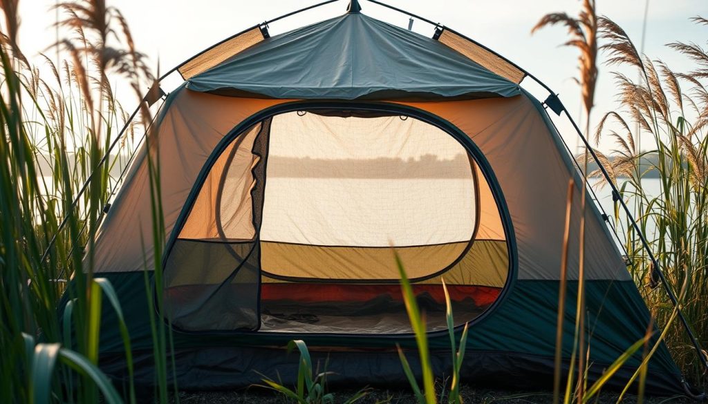 A weathered and rugged camping tent nestled among tall, swaying reeds by a serene lake. The tent's fabric glistens with a water-repellent finish, shielding its occupants from the elements. Strong, wind-resistant poles brace the structure, creating a stable and secure shelter. Soft, diffused light filters through the tent's translucent panels, casting a warm, cozy glow within. The scene evokes a sense of tranquility and protection, perfect for a peaceful fishing expedition.