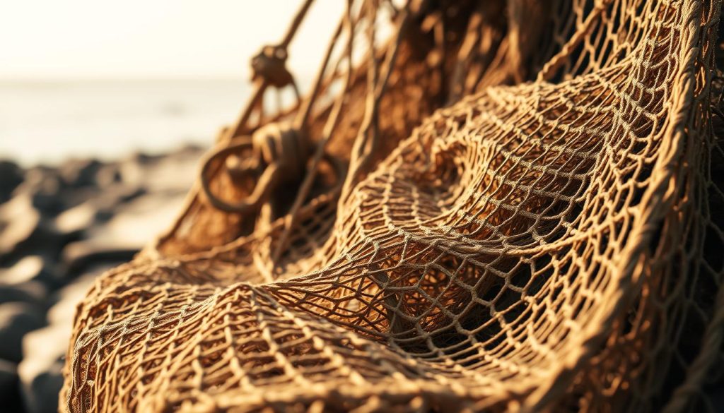 A weathered fishing net, its strands intricately woven, lies against a backdrop of warm, muted tones. The scene is bathed in soft, diffused light, casting gentle shadows that accentuate the net's intricate pattern. In the foreground, the net's mesh is depicted in meticulous detail, showcasing the skilled craftsmanship of its creation. The middle ground features the net's ropes and ties, which appear rugged and durable, hinting at the net's intended purpose. In the background, a subtle hint of a coastal environment, perhaps a rocky shore or a wooden dock, provides a sense of context and setting. The overall mood is one of simplicity, functionality, and the enduring legacy of traditional fishing techniques.