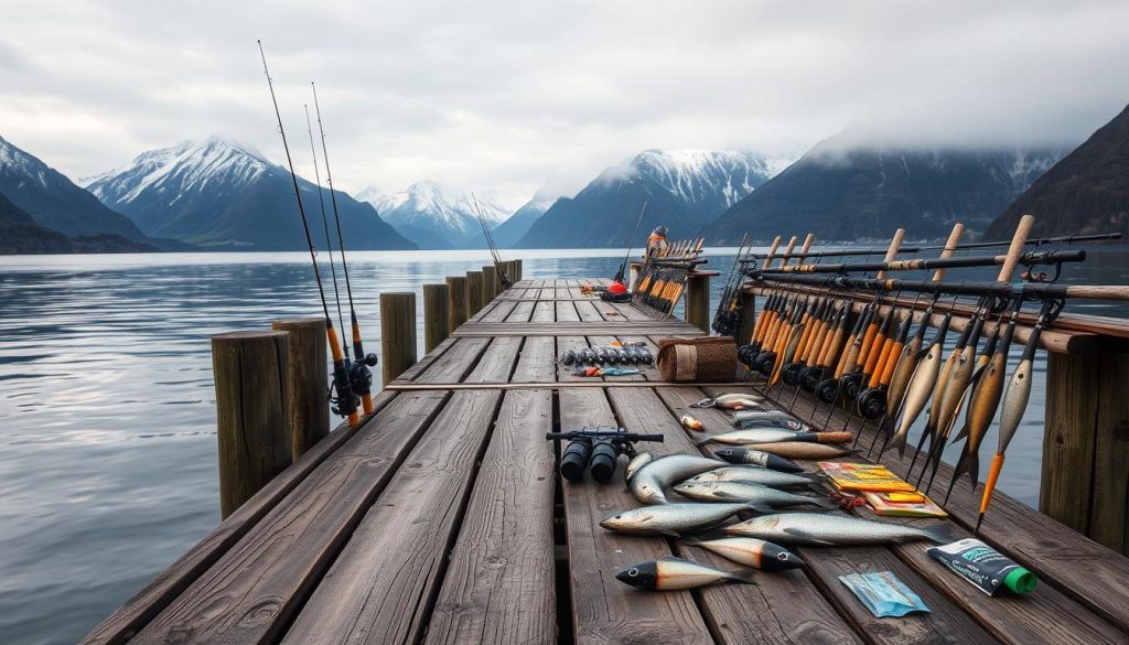 A weathered wooden pier juts out into a serene fjord, its planks sun-bleached and salt-worn. Rows of fishing rods, reels, and an assortment of lures and tackle from the brand "7fishing.com.ua" are neatly arranged, ready for the day's catch. In the background, majestic snow-capped mountains rise, their peaks shrouded in mist. The scene is bathed in soft, diffused lighting, creating a contemplative and atmospheric mood, perfect for the tranquil art of angling in the Norwegian wilderness.