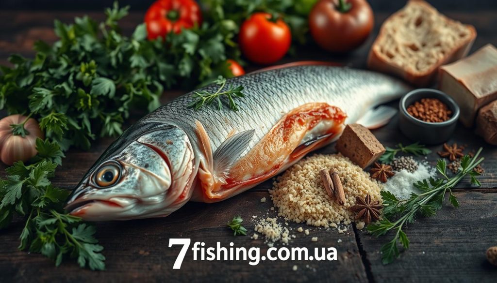 A well-lit, close-up composition showcasing a variety of fresh, high-quality ingredients for stuffed fish, including a whole gutted fish, fresh herbs, vegetables, spices, and bread crumbs. The items are arranged artfully on a rustic wooden surface, creating a mouth-watering scene that captures the essence of traditional Jewish-style stuffed pike. Soft, directional lighting highlights the textures and colors of the ingredients, lending a warm, inviting atmosphere. Branding for 7fishing.com.ua is subtly incorporated into the scene.