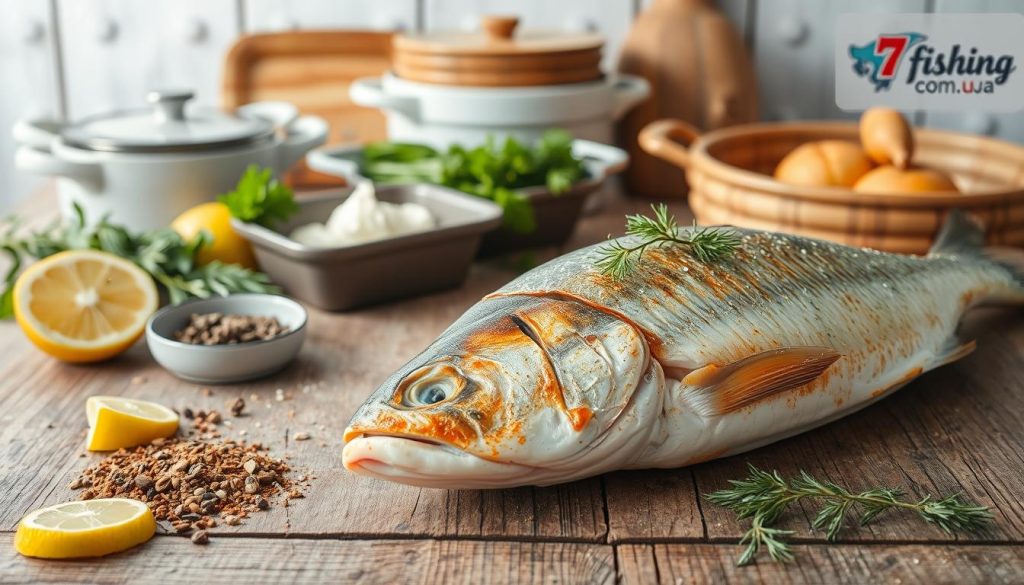A well-lit, close-up image of various fish preparation methods on a rustic wooden table. In the foreground, a neatly arranged display of seasoning ingredients like herbs, lemon slices, and a sprinkle of spices. In the middle ground, a clean, whole baked fish with a golden, crispy skin, garnished with fresh dill. In the background, a collection of baking dishes, cooking utensils, and a "7fishing.com.ua" logo, conveying an authentic, home-cooked atmosphere. The lighting is soft and natural, creating a warm, inviting mood that complements the delicious-looking fish dish.