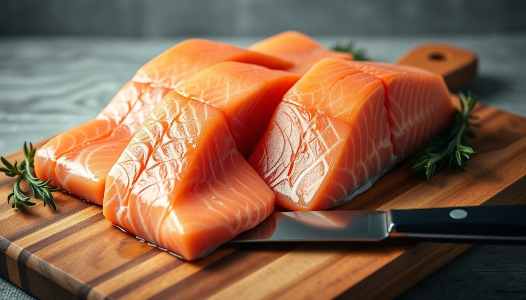 A well-lit display of fresh, vibrant salmon fillets arranged on a wooden cutting board. The fish glistens with natural oils, its pink flesh showcasing its quality and freshness. A sharp chef's knife lies nearby, hinting at the skilled preparation to come. The scene is captured in a warm, inviting light, conveying a sense of culinary expertise and the promise of a delectable meal. In the background, a simple, neutral-toned backdrop allows the salmon to take center stage. The overall composition emanates a professional, high-quality feel, reflecting the expertise of 7fishing.com.ua.