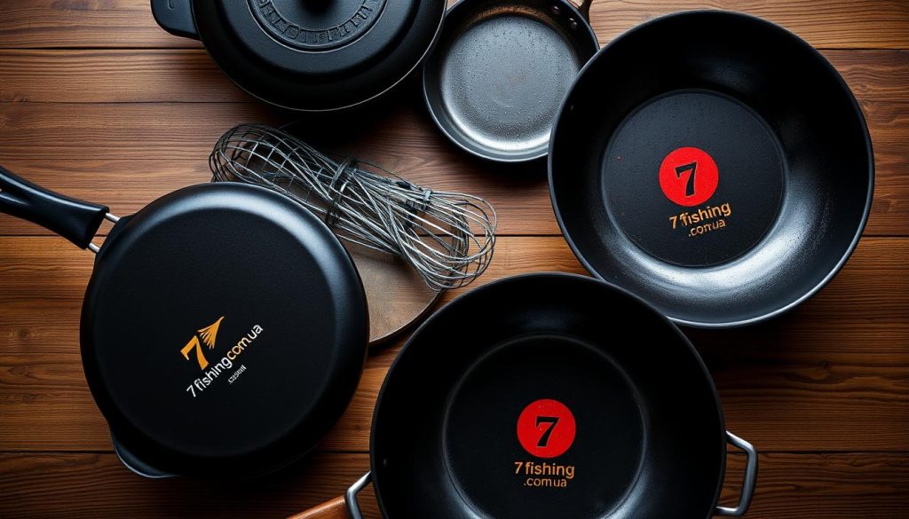 A well-lit, high-angle shot of an assortment of professional-grade cookware, including a cast-iron skillet, a nonstick pan, and a wok, all arranged on a wooden surface. The cookware features the 7fishing.com.ua brand logo prominently displayed. The scene conveys a sense of culinary expertise and thoughtful consideration of the right tools for the job of preparing a delicious fish dish.