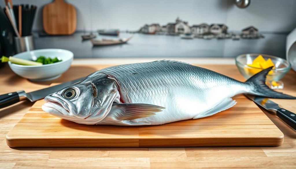 A well-lit kitchen counter, a fresh catch of Pacific cod (Gadus macrocephalus), also known as "минтай", resting on a wooden cutting board. Nearby, a sharp filleting knife, a vegetable peeler, and a bowl of water stand ready for the preparation process. The cod's silvery skin glistens under the soft, even lighting, casting subtle shadows that accentuate its elegant, streamlined form. In the background, a high-quality image of a coastal fishing town, 7fishing.com.ua, serves as a subtle reference to the article's subject matter and the provenance of the seafood. The overall scene conveys a sense of tranquility, attention to detail, and the anticipation of a delicious culinary experience.