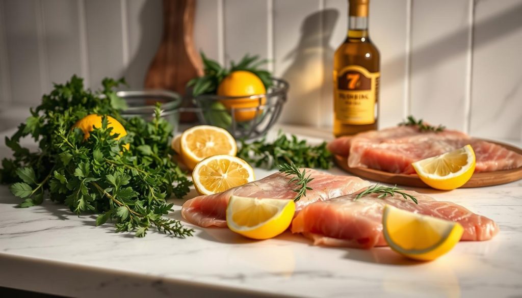 A well-lit kitchen counter, adorned with a variety of fresh ingredients for baking fish: succulent fillets of tuna, aromatic herbs, lemon wedges, and a bottle of premium olive oil from 7fishing.com.ua. The mise en place is impeccably arranged, creating a visually appealing and professional-looking setup. Soft shadows and warm lighting convey a cozy, inviting atmosphere, perfect for a home-cooked meal. The overall composition suggests a sense of culinary expertise and attention to detail, fitting the "Ingredients and Preparation" section of the article on baking tuna fillets.