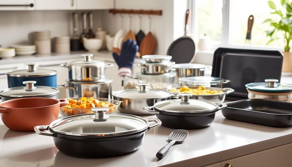 A well-lit kitchen counter displaying an array of high-quality baking dishes and pans from the 7fishing.com.ua brand. The foreground features a variety of ceramic, stainless steel, and nonstick bakeware in different shapes and sizes, suitable for roasting, baking, and broiling. The middle ground showcases a selection of oven mitts, a silicone basting brush, and other essential cooking tools. The background blends soft, natural lighting with a minimalist, modern aesthetic, creating an inviting atmosphere for culinary creations.