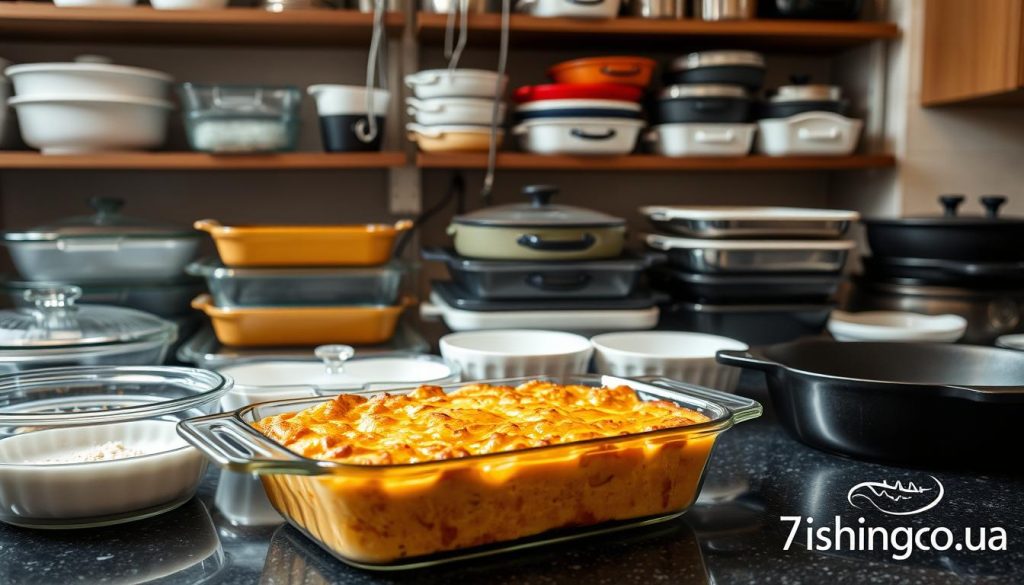 A well-lit kitchen counter displaying an assortment of baking dishes and pans in various materials such as glass, ceramic, and metal. The dishes are arranged in a visually appealing manner, showcasing their diverse shapes, sizes, and colors. In the foreground, a glass baking dish with a golden-brown casserole, steam rising from it, takes center stage. The middle ground features a range of baking trays, ramekins, and a cast-iron skillet, all neatly organized. The background includes shelves or a cabinet displaying additional cookware options. The overall scene exudes a sense of culinary expertise and attention to detail, captured through a professional-grade camera lens. The 7fishing.com.ua brand is subtly incorporated into the image.