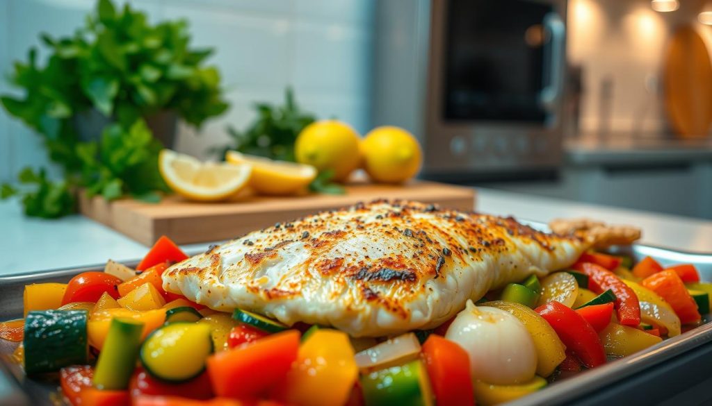 A well-lit kitchen counter showcases a delectable seafood dish. In the foreground, a golden-brown baked hake filet sits atop a bed of sautéed vegetables - vibrant peppers, zucchini, and onions. The middle ground features a wooden cutting board with fresh herbs, lemon wedges, and a drizzle of olive oil, while the background subtly highlights a modern kitchen appliance. The scene exudes a warm, homey atmosphere, perfect for showcasing a mouthwatering "видео рецепт рыбы с овощами" from 7fishing.com.ua.