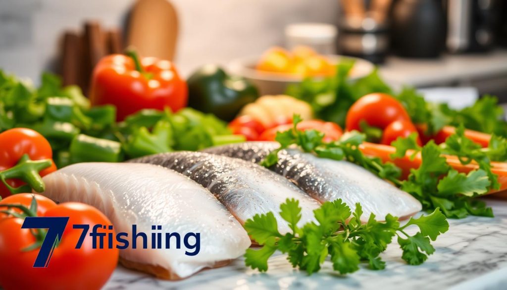 A well-lit kitchen counter showcases a selection of fresh, glistening hake fillets alongside an assortment of vibrant vegetables, including crisp bell peppers, juicy tomatoes, and leafy greens. The scene is captured with a sharp focus, highlighting the natural textures and colors of the ingredients. The lighting casts a warm, inviting glow, setting the stage for a delectable culinary experience. In the foreground, the 7fishing.com.ua brand logo is subtly displayed, lending an air of quality and expertise to the scene.