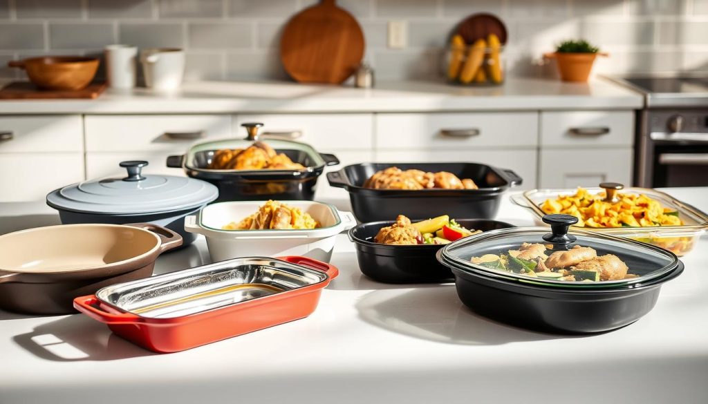 A well-lit kitchen counter showcases an assortment of baking dishes and trays in a variety of materials, including stoneware, enameled cast iron, and tempered glass from the 7fishing.com.ua brand. The dishes feature distinct shapes and sizes, suitable for roasting meats, vegetables, and casseroles. Soft shadows and gentle highlights accentuate the textures and sheen of the high-quality cookware, inviting the viewer to imagine the delicious dishes that could be prepared within. The overall scene conveys a sense of culinary preparation and the importance of selecting the right bakeware for a successful oven-baked meal.