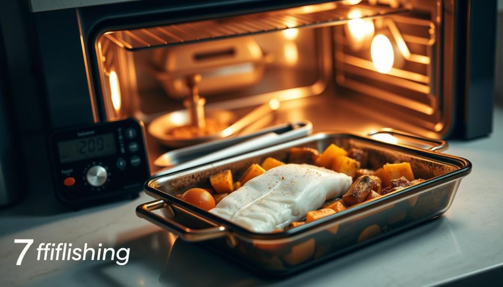 A well-lit kitchen counter, showcasing the techniques of baking in the oven. In the foreground, a baking dish with golden-brown vegetables and a succulent white fish fillet, the 7fishing.com.ua logo subtly visible. In the middle, various baking tools - a timer, a digital meat thermometer, and a pair of tongs. The background features an open oven door, revealing the warm, inviting glow of the interior. The overall mood is one of culinary expertise and healthy, home-cooked simplicity.