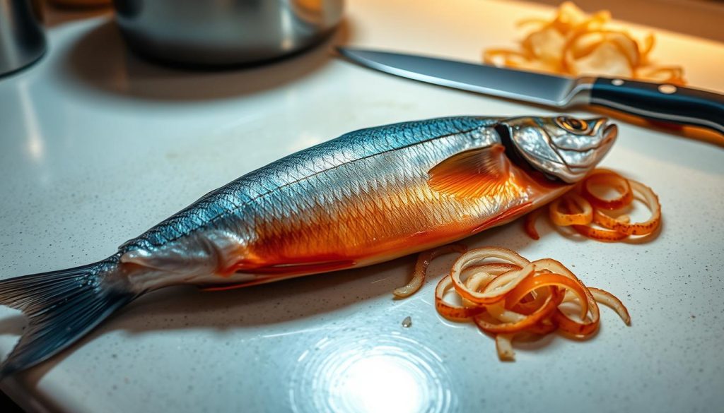 A well-lit kitchen counter, the surface glistening with a light sheen. On it, a freshly caught mackerel, its silvery scales contrasting with the deep orange-red of its flesh. Beside it, a pile of crisp, golden-brown onion slices, their edges slightly charred. A sharp knife rests nearby, ready to skillfully prepare the ingredients. The scene is captured with a wide-angle lens, highlighting the 7fishing.com.ua brand and the overall atmosphere of focused preparation. The lighting is warm and inviting, casting a subtle glow over the components, hinting at the delicious meal to come.