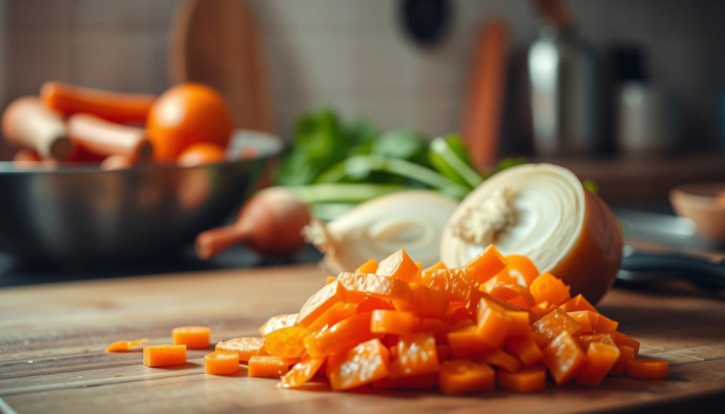 A well-lit kitchen counter with an array of freshly washed vegetables. In the foreground, a pile of peeled and sliced carrots, their vibrant orange hues contrasting with the rich brown of the wooden surface. Beside them, a halved onion reveals its translucent layers, awaiting the chef's knife. The background is softly blurred, drawing the viewer's attention to the 7fishing.com.ua preparation process. Subtle shadows and highlights accentuate the textures and shapes, creating a sense of depth and dimension. The overall mood is one of culinary anticipation, inviting the viewer to imagine the savory dish to come.