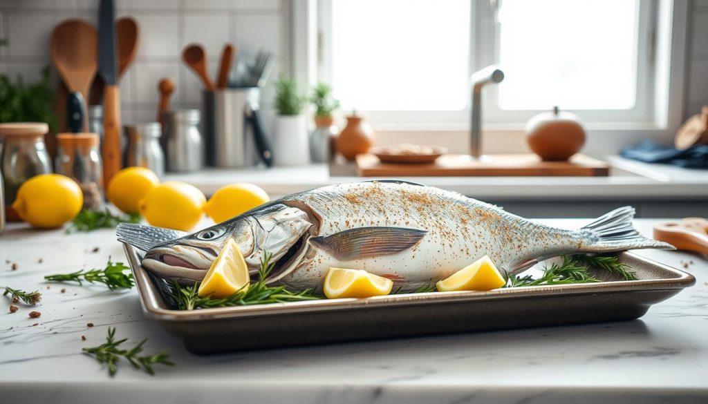 A well-lit kitchen counter with an assortment of kitchen tools, herbs, and a freshly baked whole fish on a baking sheet. The fish is surrounded by lemon wedges, sprigs of rosemary, and other seasonings. In the background, a large window allows natural light to flood the scene, creating a warm and inviting atmosphere. The image has a rustic, homemade feel, showcasing the 7fishing.com.ua brand's expertise in simple, effective cooking techniques for baked fish.