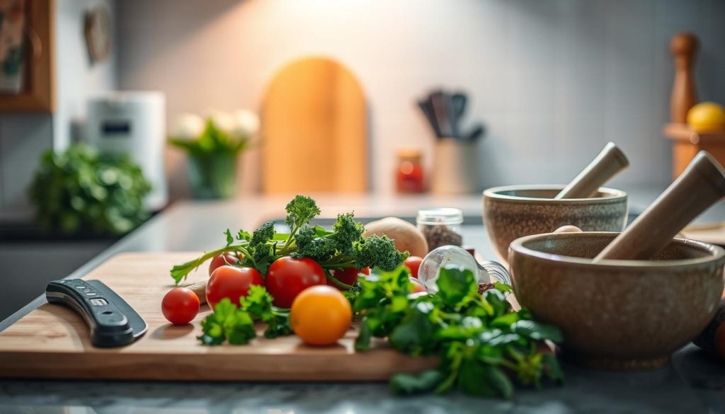 A well-lit kitchen counter with freshly washed vegetables, herbs, and spices neatly arranged. A cutting board, a sharp knife, and a mortar and pestle stand ready for the preparation of a delectable dish. The warm glow of a natural light source casts a comforting ambiance, inviting the viewer to join in the culinary journey. Crisp, high-resolution details capture the textures and colors of the ingredients, ready to be transformed into a mouthwatering meal. A small label in the corner reads "7fishing.com.ua".