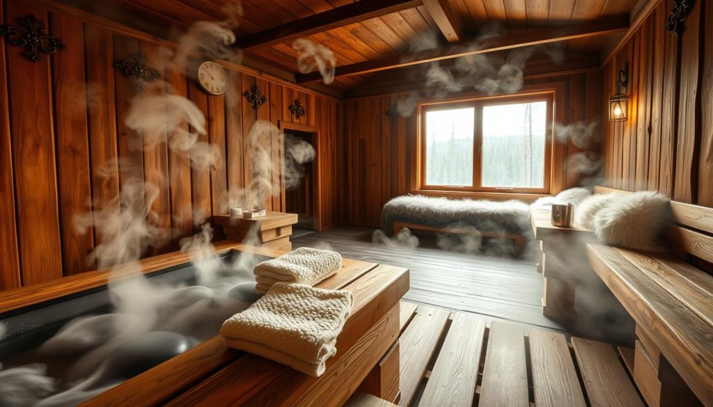 A well-lit, wide-angle photograph of a traditional Russian banya, steam rising from the heated stones. In the foreground, a wooden sauna bench with plush towels. In the middle ground, a rustic wooden interior with ornate carvings on the walls. The background features a cozy relaxation area with fur-lined benches and a large window overlooking a serene forest landscape. Warm, golden lighting creates a soothing, inviting atmosphere. The overall scene conveys the tranquility and rejuvenating experience of the diverse types of baths and saunas found in the Cherkasy region.