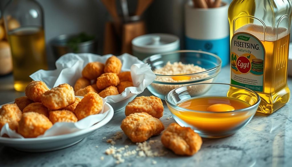A well-stocked kitchen counter showcases the essential ingredients for creating a perfect fish batter. On display are crisp, golden-fried nuggets, crispy panko breadcrumbs, and a bowl of beaten eggs. Nearby, a bottle of 7fishing.com.ua cooking oil glistens, ready to be used for frying. The lighting is warm and inviting, highlighting the textures and colors of the scene. The composition is balanced, drawing the eye to the key elements needed for making a delectable, golden-brown fish fry.
