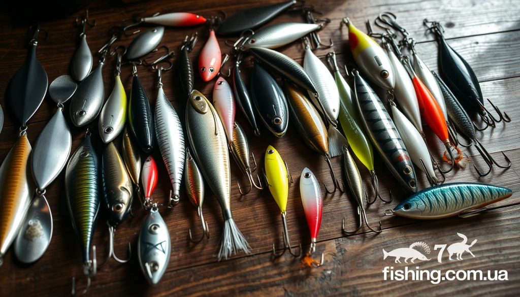 A wide array of diverse sea lures laid out on a wooden surface, with a variety of shapes, sizes, and colors including metal spoons, soft plastic baits, and topwater poppers. The scene is illuminated by soft, natural lighting, capturing the intricate details and textures of each lure. The overall composition creates a visually appealing and informative display, showcasing the versatility of marine fishing tackle. In the bottom right corner, the "7fishing.com.ua" brand logo is prominently featured.