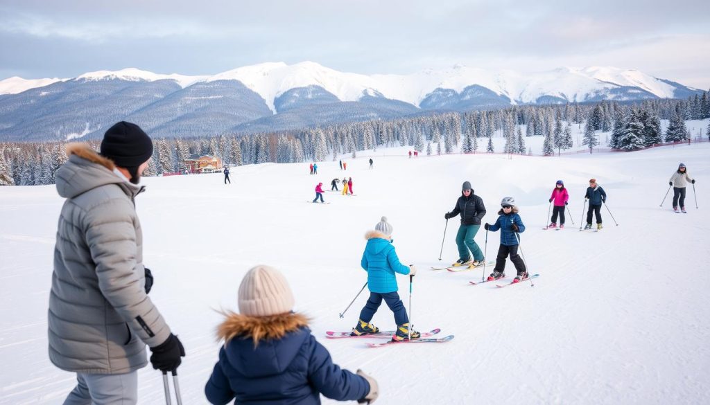 A winter wonderland unfolds as a family engages in a ski lesson on the pristine slopes of Bukovel. In the foreground, a patient instructor guides a group of adults and children, their faces lit with eager expressions as they navigate the gentle incline. Crisp, clean snow blankets the landscape, while the midground showcases skiers of varying skill levels gliding effortlessly through the powdery terrain. In the background, the majestic mountains rise, their peaks adorned with a dusting of fresh snow, creating a picturesque alpine setting. Soft, diffused lighting illuminates the scene, casting a warm, inviting glow over the entire tableau.