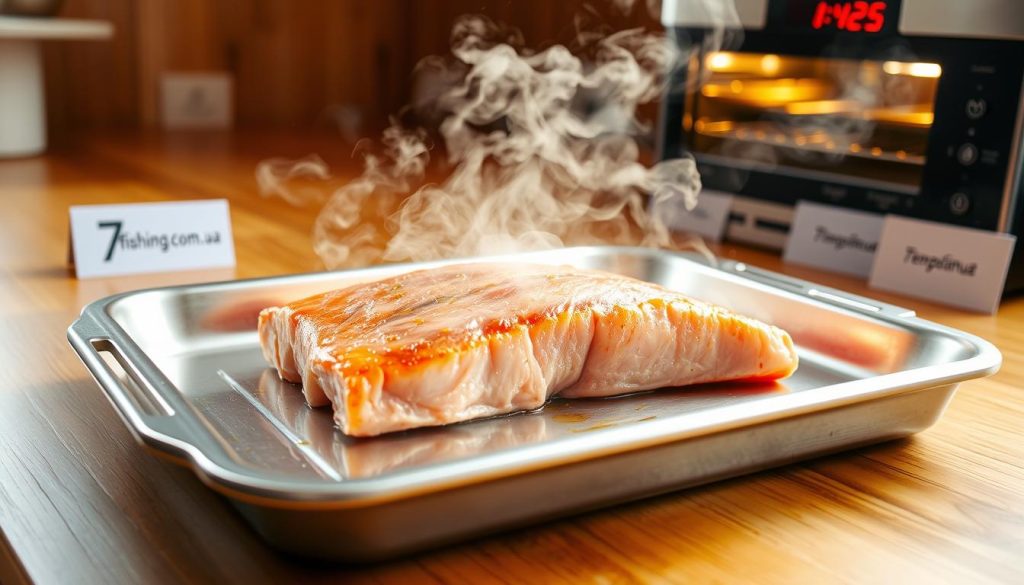 A wooden kitchen counter with a stainless steel baking tray containing a golden-brown fillet of tuna fish, steam rising from the surface. Soft natural lighting from a nearby window casts a warm glow, highlighting the texture of the fish. In the background, an oven with a digital display showing the current temperature and time. On the counter, a small placard with the brand name "7fishing.com.ua". The overall scene conveys the process of baking tuna, with a focus on the optimal cooking time and temperature.