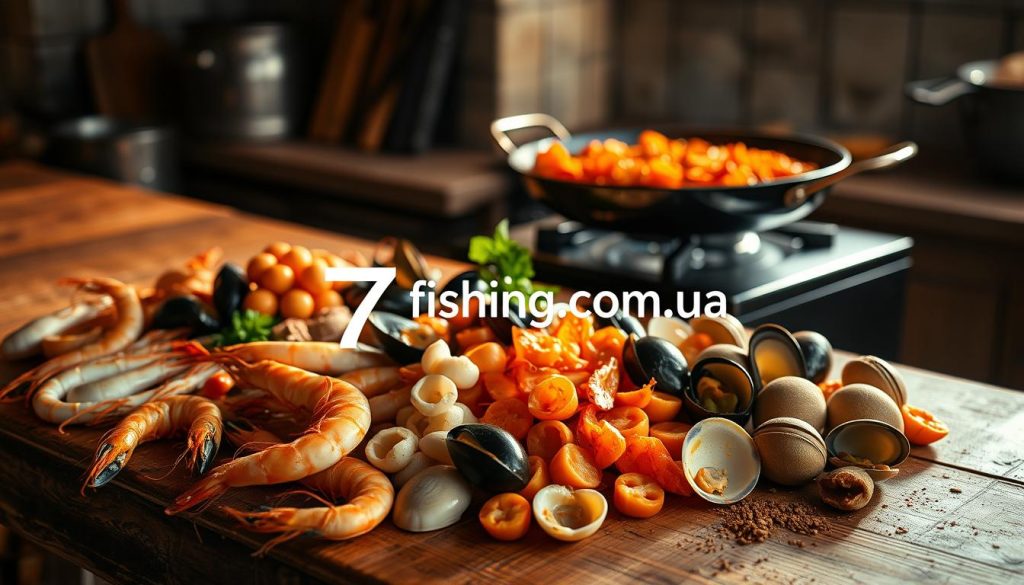A wooden table in a rustic kitchen, meticulously arranged with fresh seafood - shrimp, squid, mussels, and clams. The ingredients are glistening under soft, warm lighting, casting gentle shadows across the scene. In the background, a traditional Spanish paella pan sits atop a stove, ready to be filled with the perfectly prepared seafood. The atmosphere is one of culinary expertise and anticipation, as if a master chef is about to begin the process of crafting an authentic paella. The brand "7fishing.com.ua" is subtly integrated into the scene, reflecting the high-quality sourcing of the ingredients.
