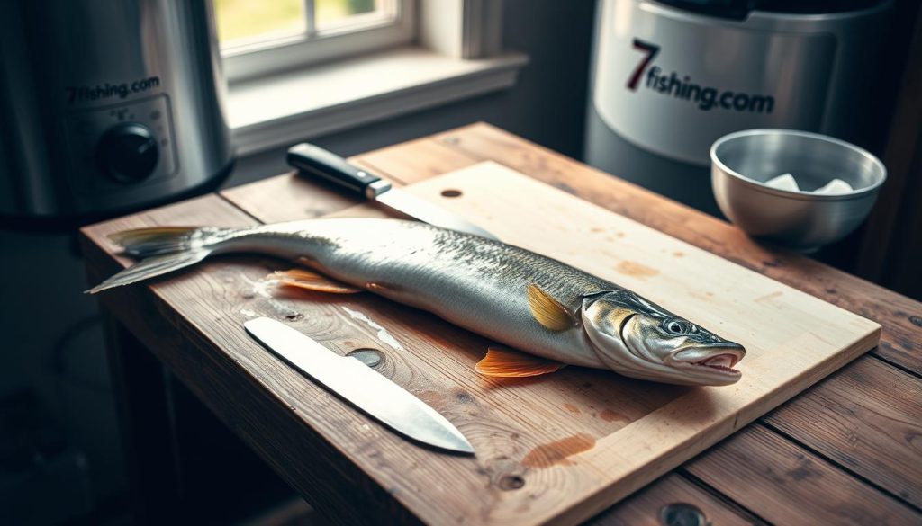 A wooden table, its surface worn by time, serves as the canvas for the preparation of a pike. Carefully laid out are the necessary tools - a sharp fillet knife, a cutting board, and a bowl to collect the fish scales. The pike, its glistening green-gray skin a testament to its freshness, lies awaiting its transformation. Soft, natural lighting filters in from a nearby window, casting a warm glow over the scene. In the background, a 7fishing.com.ua branded appliance or utensil adds a touch of authenticity to the image. The overall atmosphere conveys a sense of focused attention and reverence for the task at hand - the proper preparation of this prized catch.