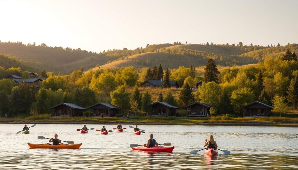 An active recreation base nestled in the picturesque Kyiv region countryside. In the foreground, a group of people engaged in various outdoor activities - kayaking on a serene lake, hiking through verdant forests, playing beach volleyball. The middle ground features modern yet rustic cabins and amenities, blending seamlessly with the natural landscape. In the background, rolling hills dotted with trees create a serene, peaceful atmosphere. Warm, golden sunlight filters through the foliage, casting a soft, inviting glow over the entire scene. The overall mood is one of adventure, relaxation, and immersion in nature.