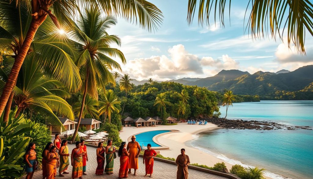 An exotic beachfront resort nestled along a turquoise coastline, framed by lush tropical foliage and towering palm trees. The scene is illuminated by warm, golden sunlight filtering through wispy clouds, casting a serene, inviting atmosphere. In the foreground, a group of locals engage in vibrant cultural activities, showcasing traditional dress and crafts. The middle ground features a pristine white-sand beach dotted with thatched-roof bungalows and an azure pool. The background reveals distant hills and mountains, their slopes blanketed in verdant rainforest. This image captures the alluring fusion of natural splendor and authentic cultural experiences that define an exotic vacation destination. An exotic beachfront resort nestled along a turquoise coastline, framed by lush tropical foliage and towering palm trees. The scene is illuminated by warm, golden sunlight filtering through wispy clouds, casting a serene, inviting atmosphere. In the foreground, a group of locals engage in vibrant cultural activities, showcasing traditional dress and crafts. The middle ground features a pristine white-sand beach dotted with thatched-roof bungalows and an azure pool. The background reveals distant hills and mountains, their slopes blanketed in verdant rainforest. This image captures the alluring fusion of natural splendor and authentic cultural experiences that define an exotic vacation destination.