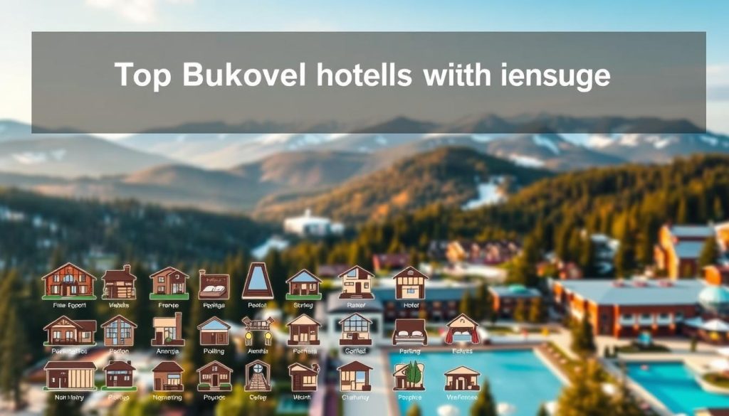 An expansive hotel comparison showcase, depicting the serene resort town of Bukovel. In the foreground, a grid of detailed hotel icons, showcasing their unique amenities and services. The middle ground features a panoramic landscape of the Carpathian mountains, with lush forests and snow-capped peaks. Warm, natural lighting illuminates the scene, creating a cozy and inviting atmosphere. The background is filled with a soft, blurred silhouette of the resort's ski slopes and recreational facilities, hinting at the wider range of activities available. The image conveys a sense of comprehensive, side-by-side evaluation of the top Bukovel hotels with pools, enabling informed decision-making for the discerning traveler.
